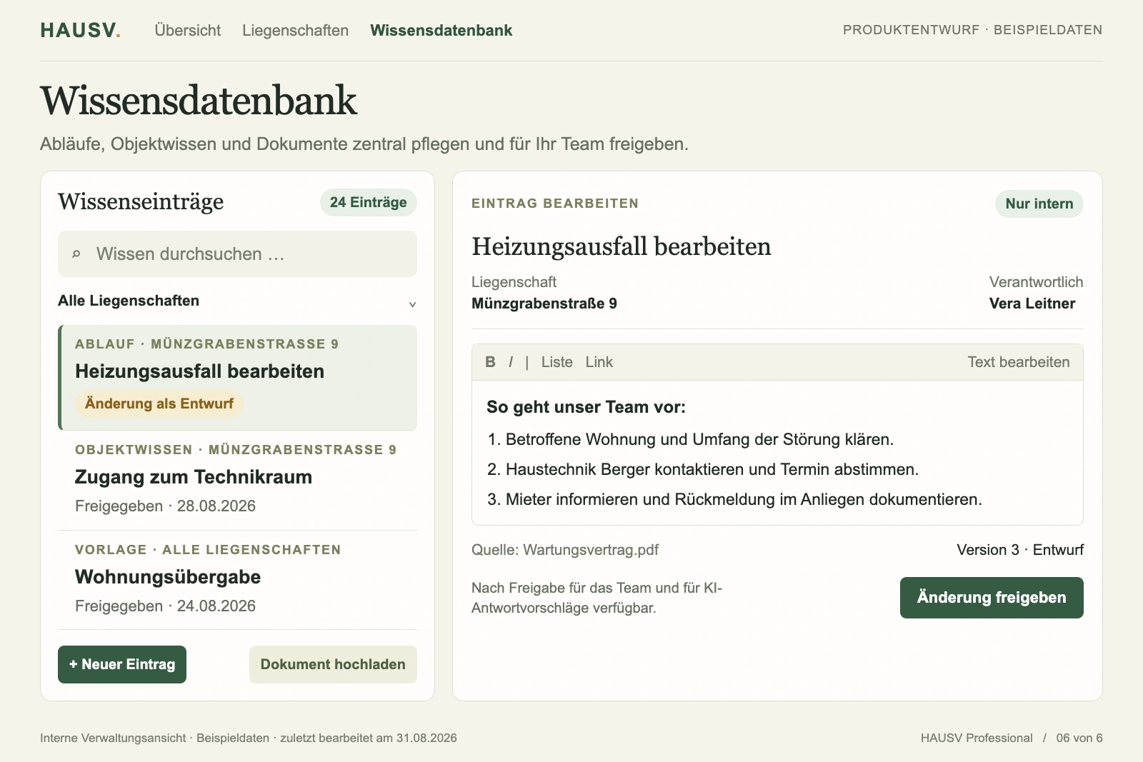 Die Wissensdatenbank: Abläufe, Objektwissen und Vorlagen je Liegenschaft, rechts ein Eintrag im Editor, der nach Freigabe dem Team und den KI-Antwortvorschlägen zur Verfügung steht.