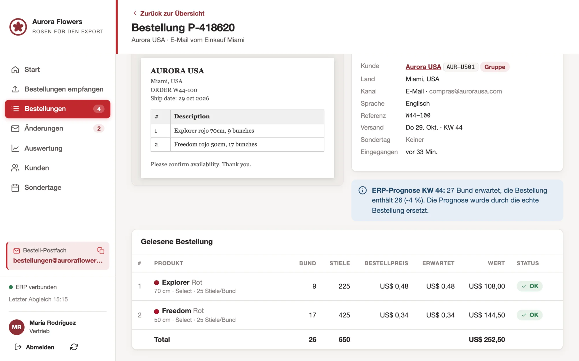 Bildschirmansicht: Agrarexport, Bestellungen automatisch ins ERP