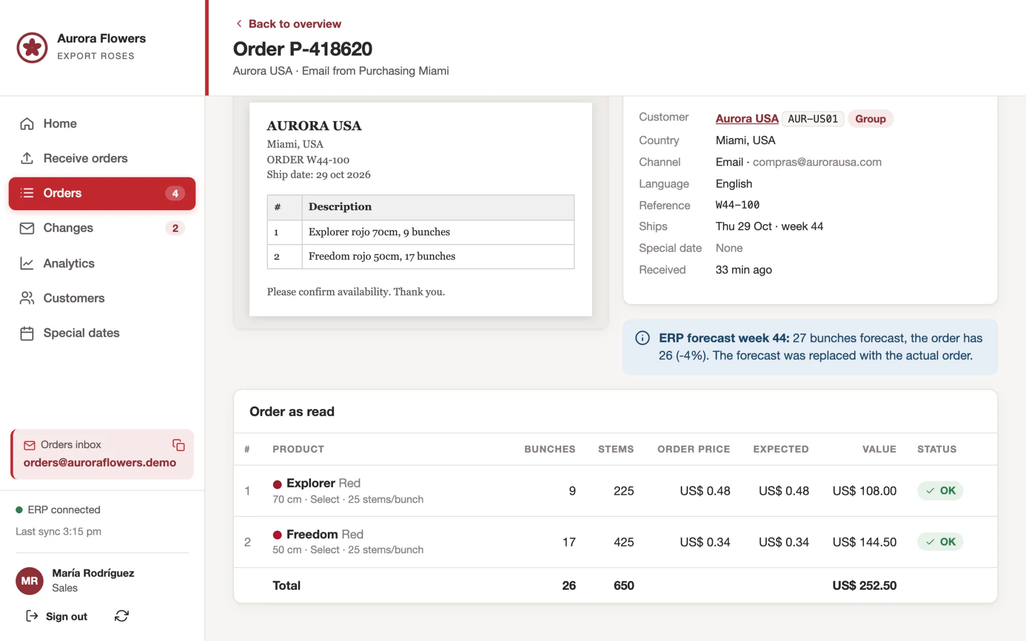 Screen view: agricultural exports, orders straight into the ERP