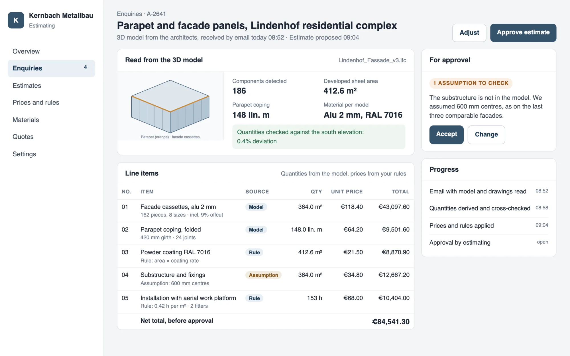 Screen view: metalworking, cost estimates from the 3D model