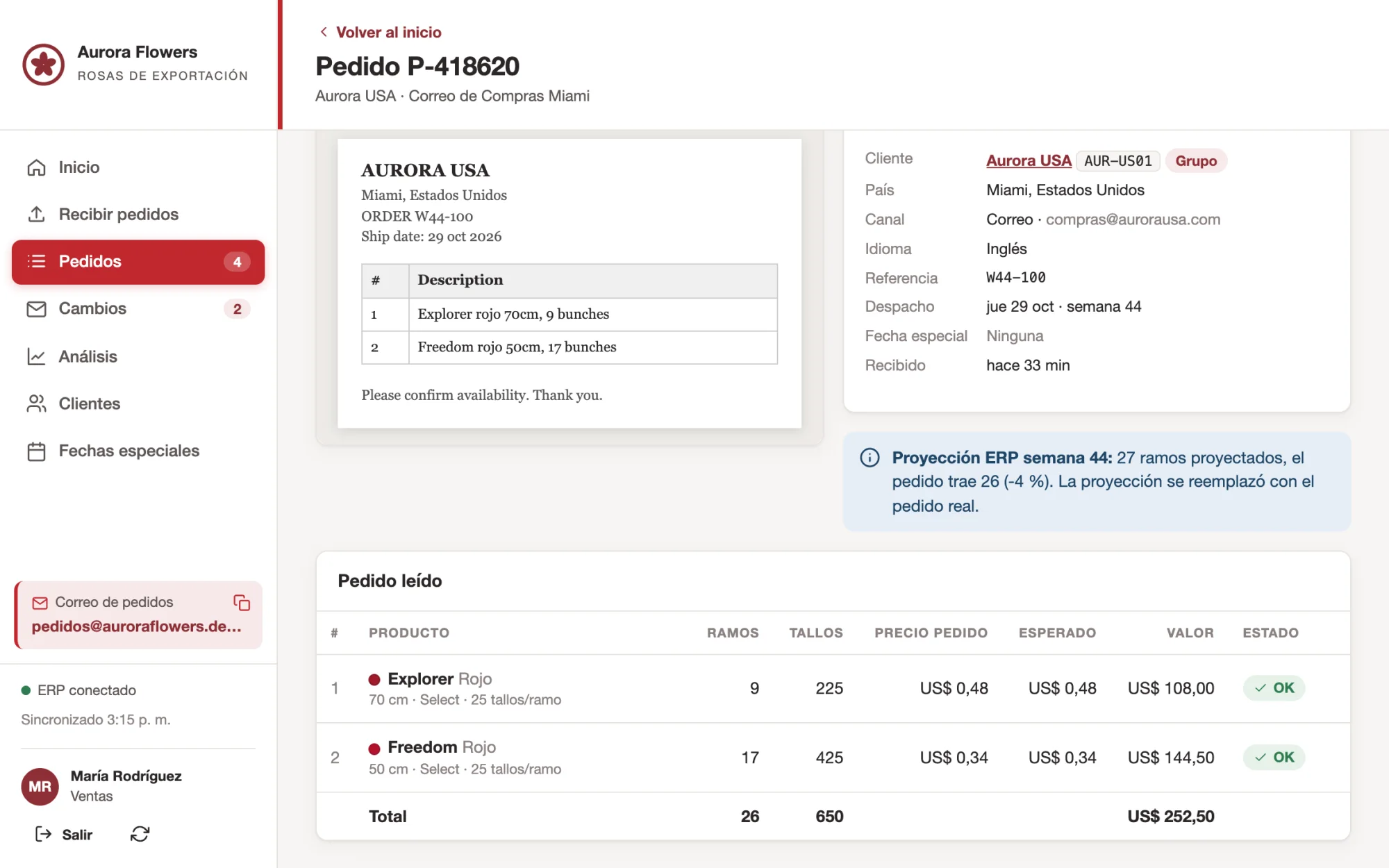 Vista de pantalla: exportación agrícola, pedidos directo al ERP