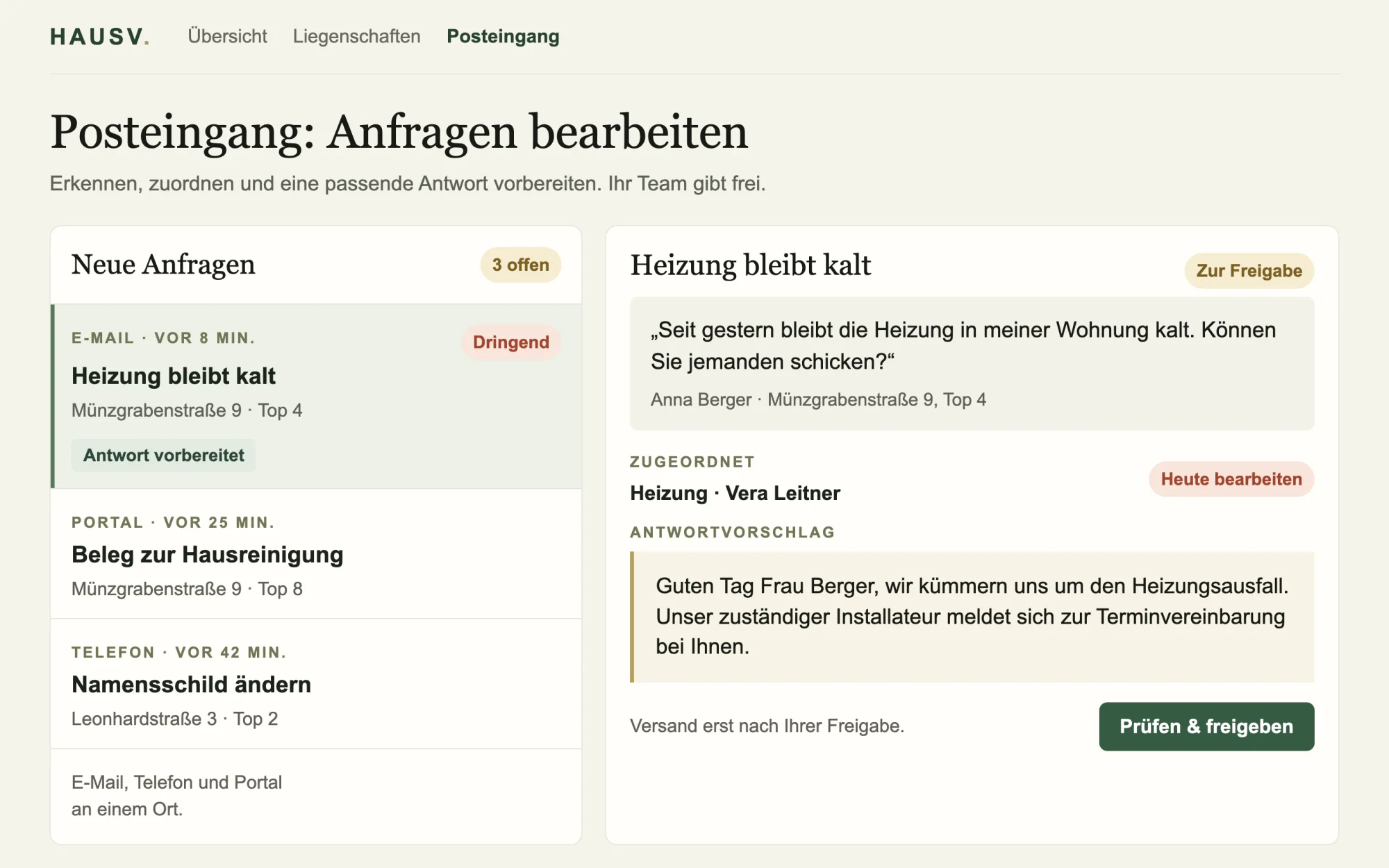 Bildschirmansicht: Immobilienverwaltung, Vom Posteingang zum Vorgang