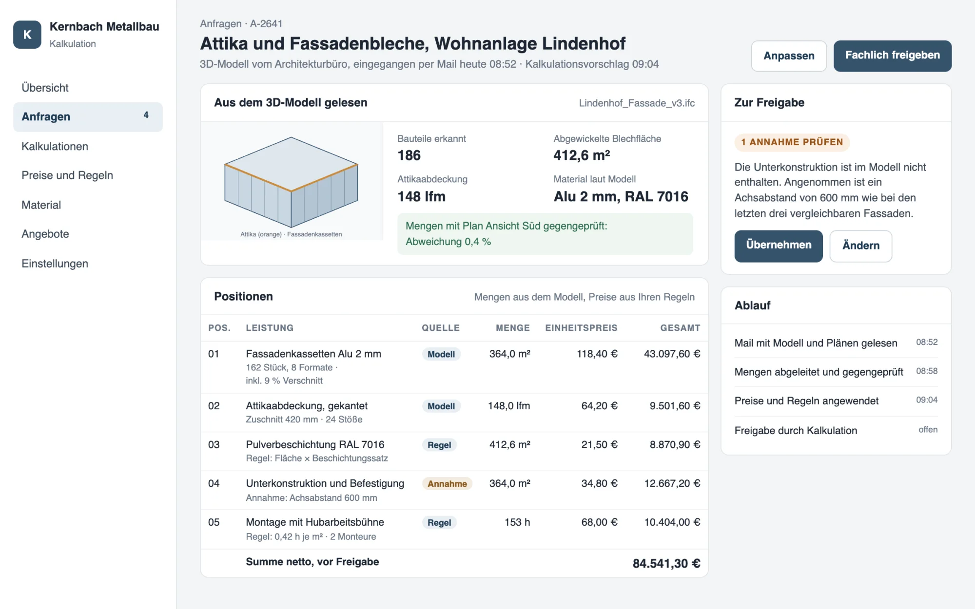 Bildschirmansicht: Metallverarbeitung, Kalkulation aus dem 3D-Modell